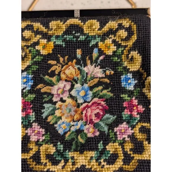 Vintage Floral Needlepoint Evening Bag Metal Frame Chain Strap etched clasp - Picture 16 of 16